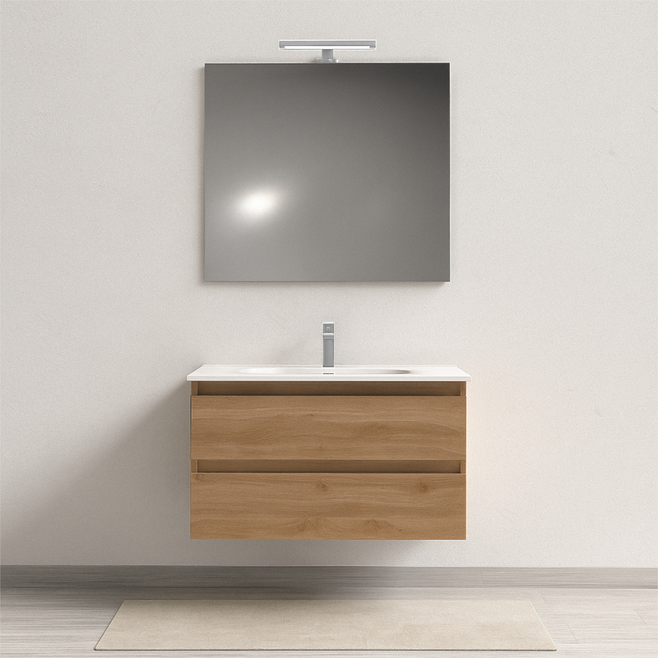Mobile bagno sospeso 100 cm rovere chiaro effetto legno con specchio e lampada