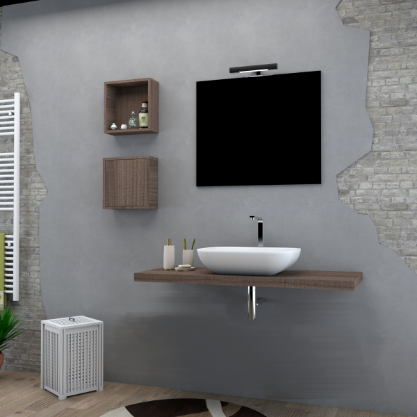 Top in legno da 123 cm senza foro color noce con specchio e lampada led