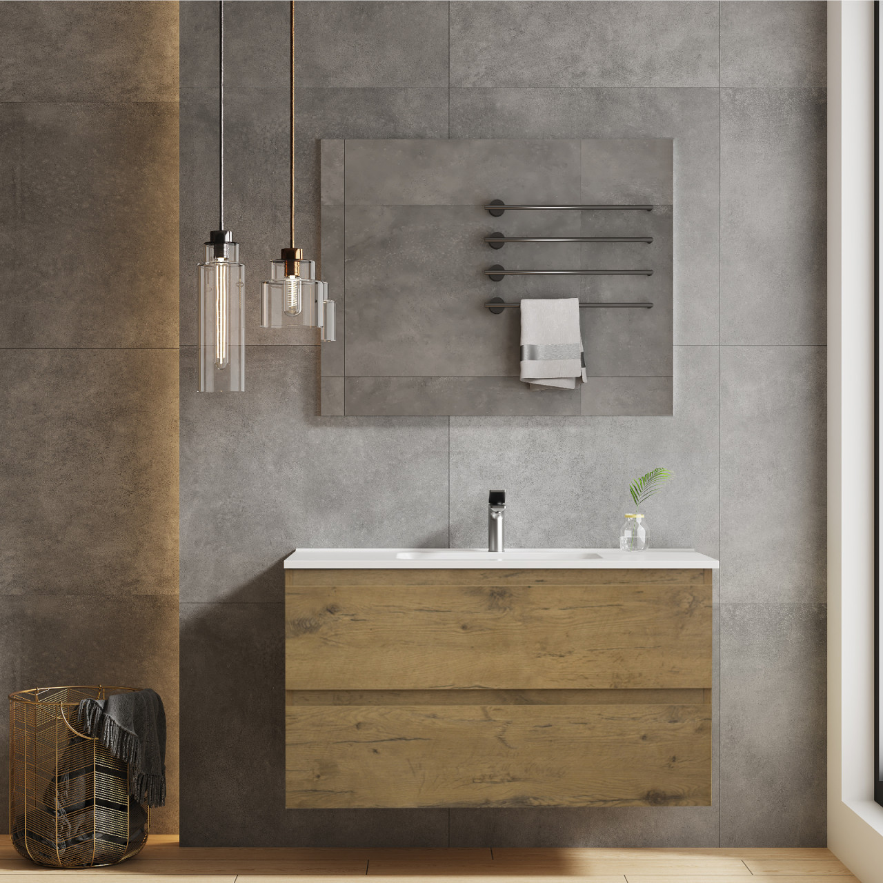 Mobile bagno sospeso 90 cm rovere naturale doppio cassetto con specchio