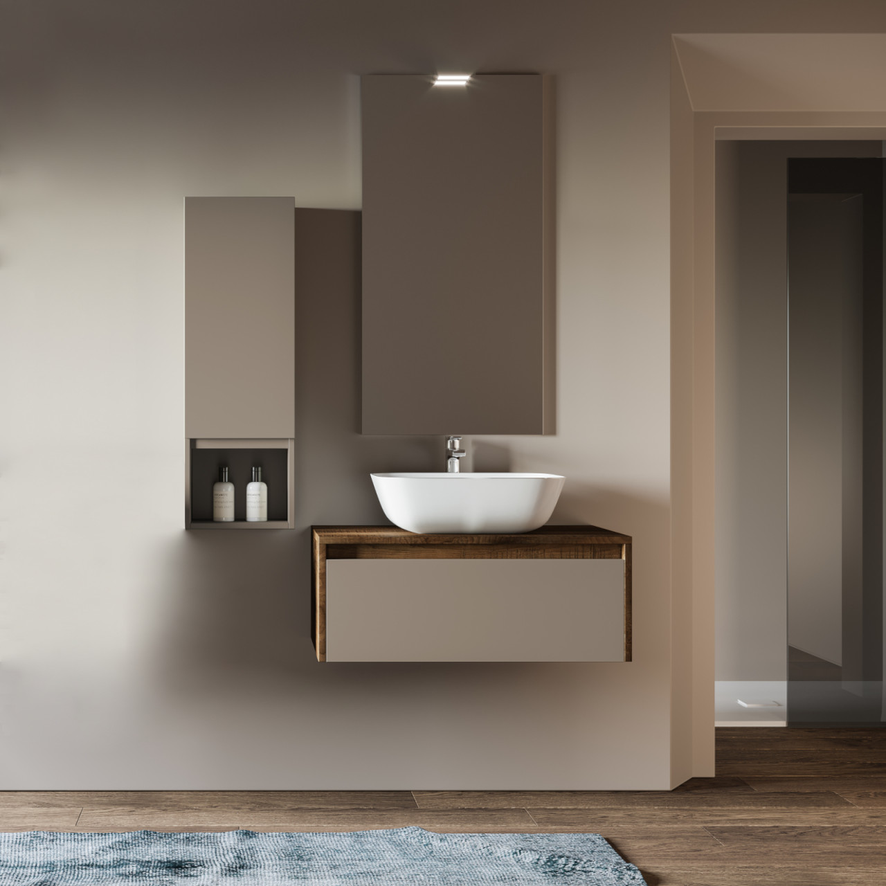 Mobile bagno sospeso tortora 80 cm singolo cassetto e specchio