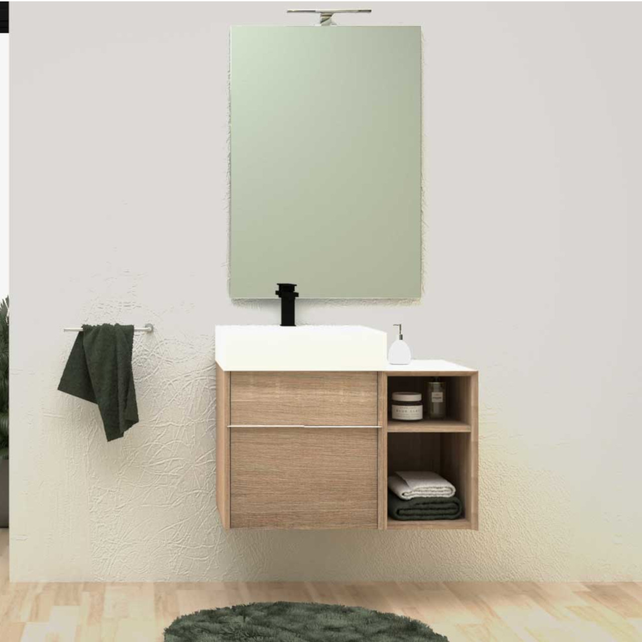 Mobile bagno sospeso da 80 cm rovere bruges con due cassetti specchio e lampada led