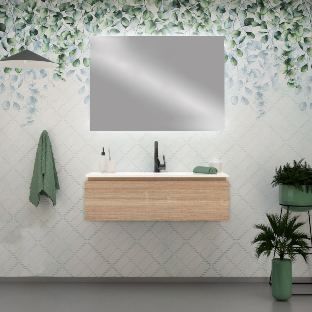 Mobile bagno da 100 cm rovere chiaro con cassettone e specchio