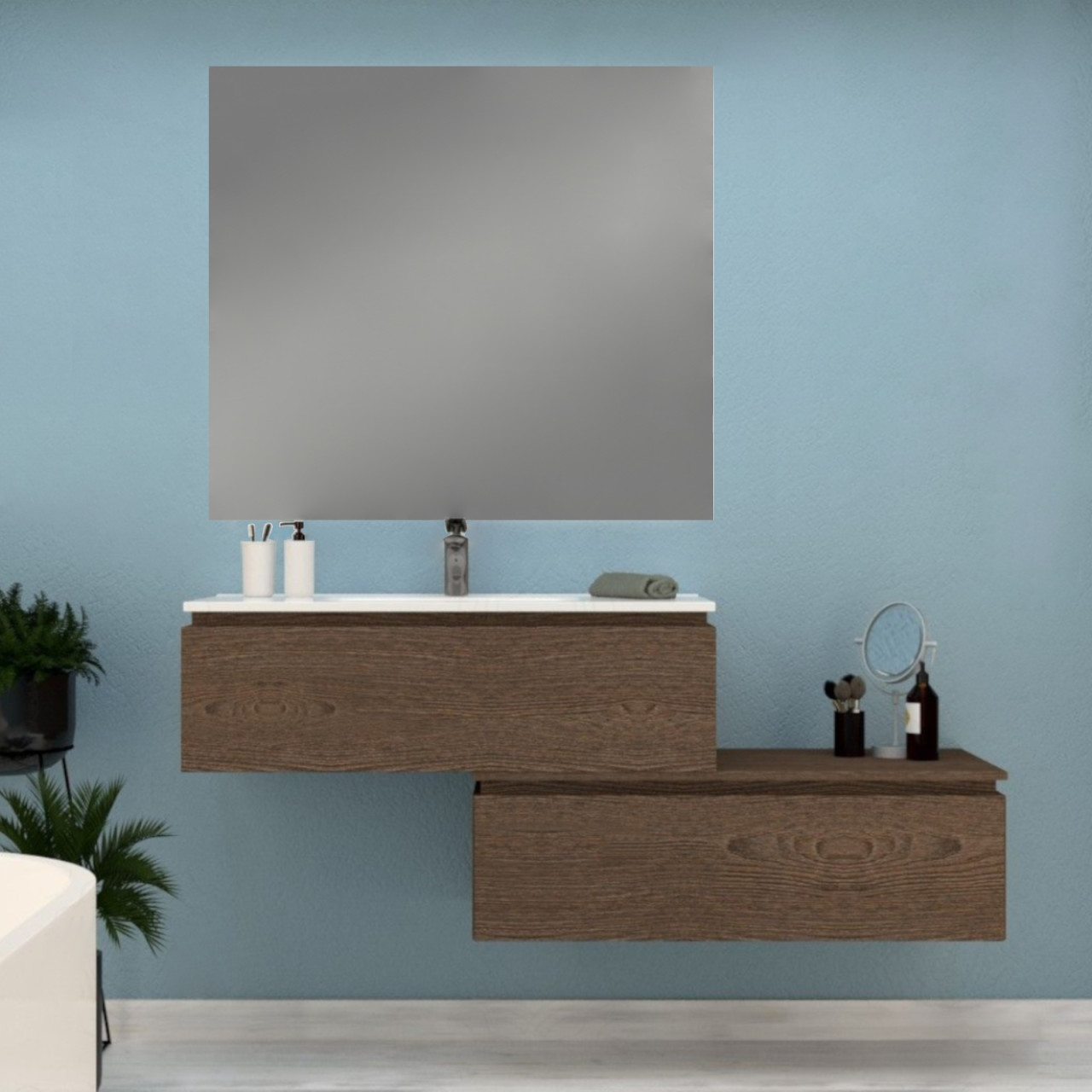 Mobile bagno da 100 cm rovere scuro con doppio cassettone e specchio