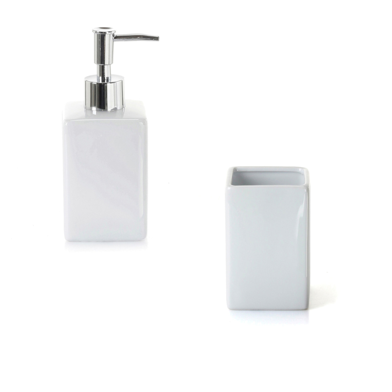 Set 2 accessori bagno bianchi dispenser e portaspazzolini in ceramica