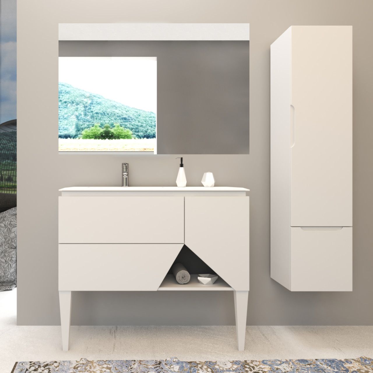 Mobile bagno da terra 105 cm bianco opaco doppio cassetto e specchio