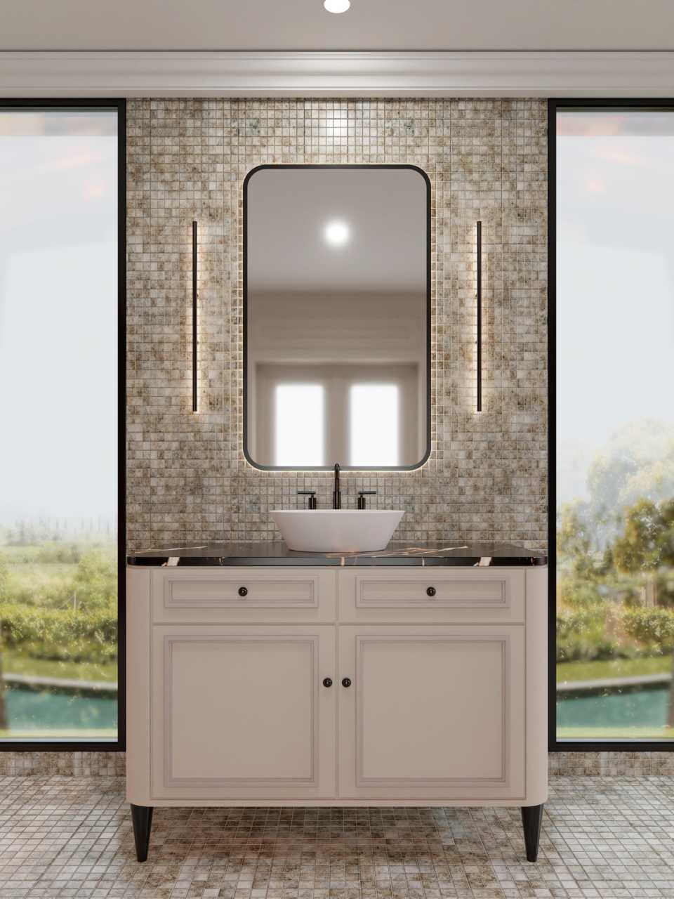Bagno classico con mobili in legno e top in marmo