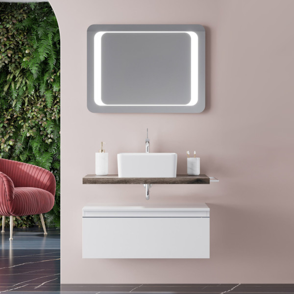 Mensolone bagno rovere fossile da 80 cm con cassettone bianco opaco 80 cm e specchio Mensolone bagno rovere fossile da 80 cm con cassettone bianco opaco 80 cm e specchio