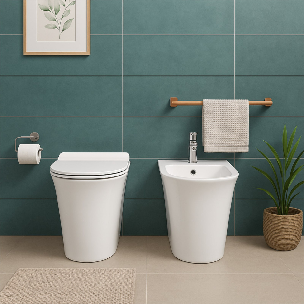 Sanitari filomuro senza brida con copriwc slim soft close sgancio rapido | derby