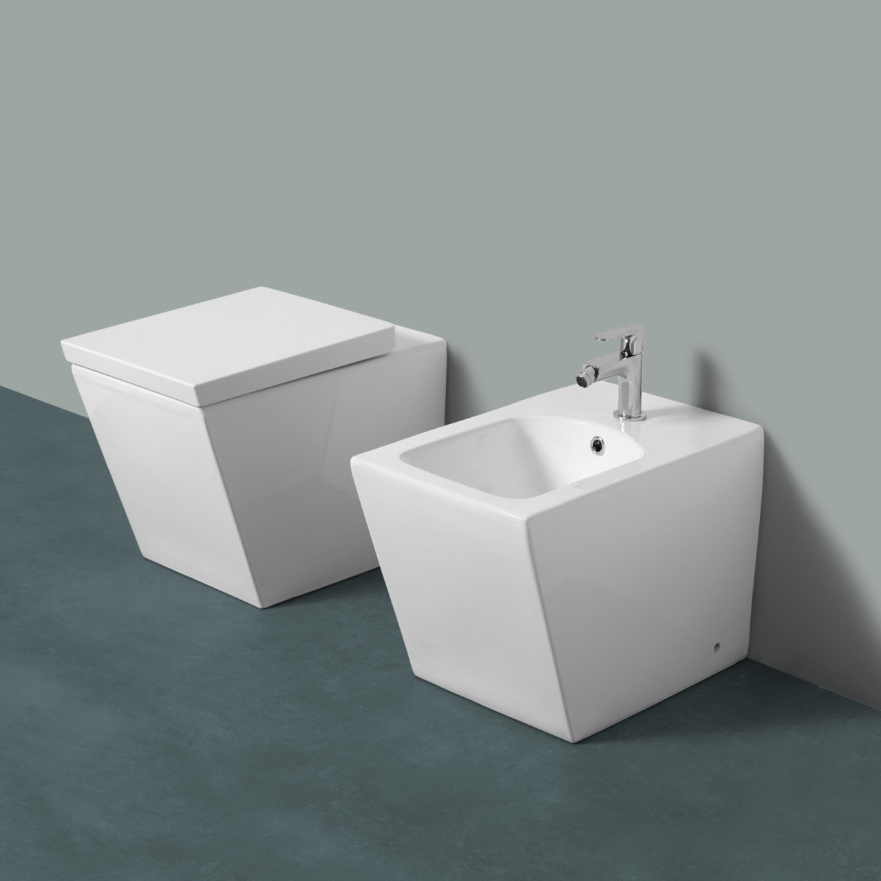 Sanitari filomuro quadrati vaso bidet e coprivaso avvolgente soft close | quadra