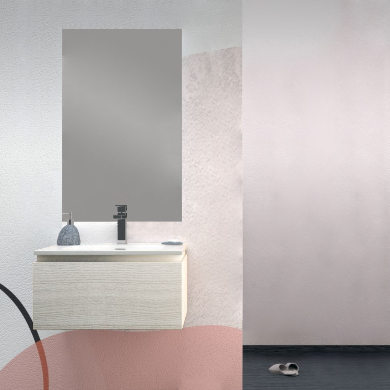 Mobile bagno da 60 cm rovere bianco con cassetto e specchio