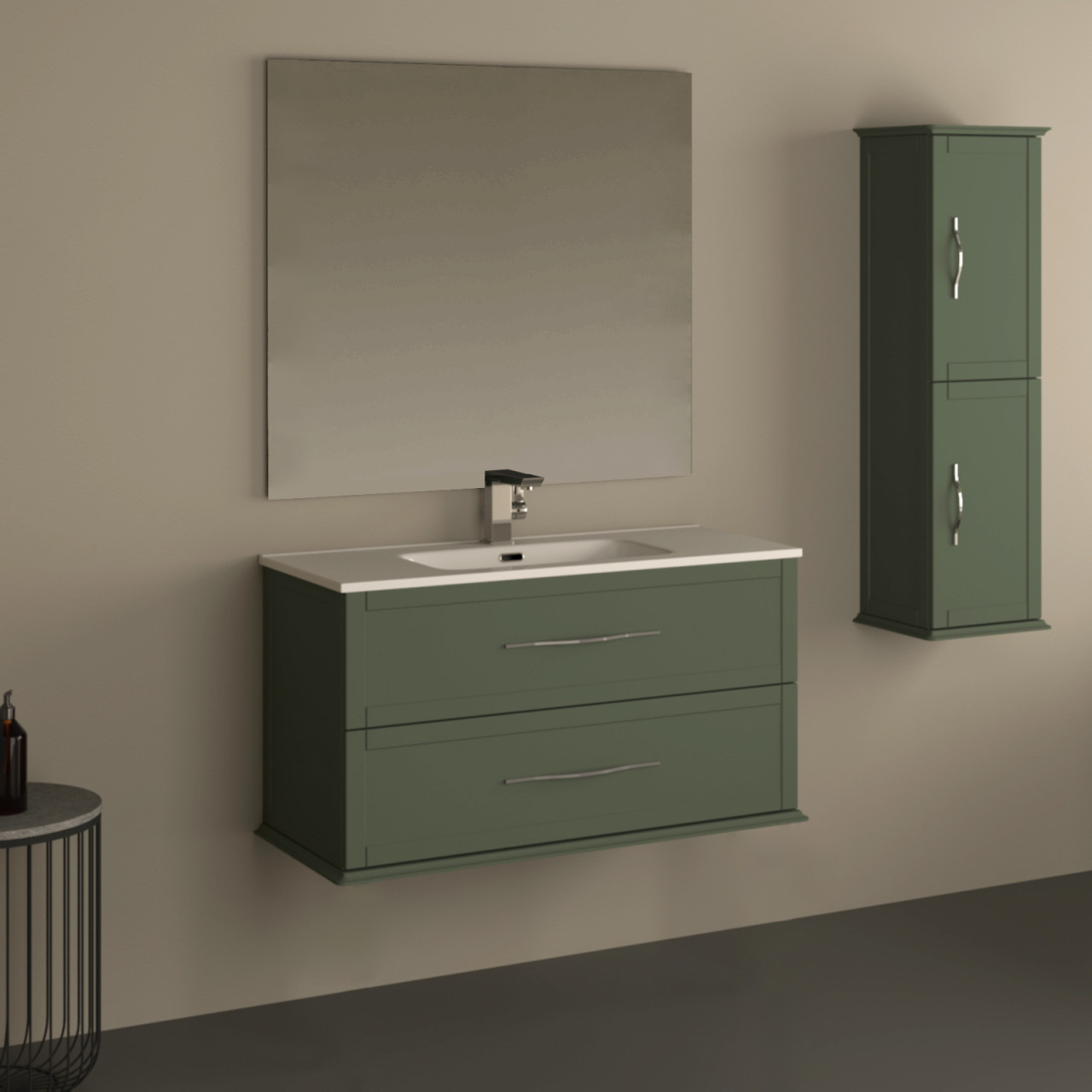 Mobile bagno sospeso cleo 100 cm verde opaco doppio cassetto con specchio