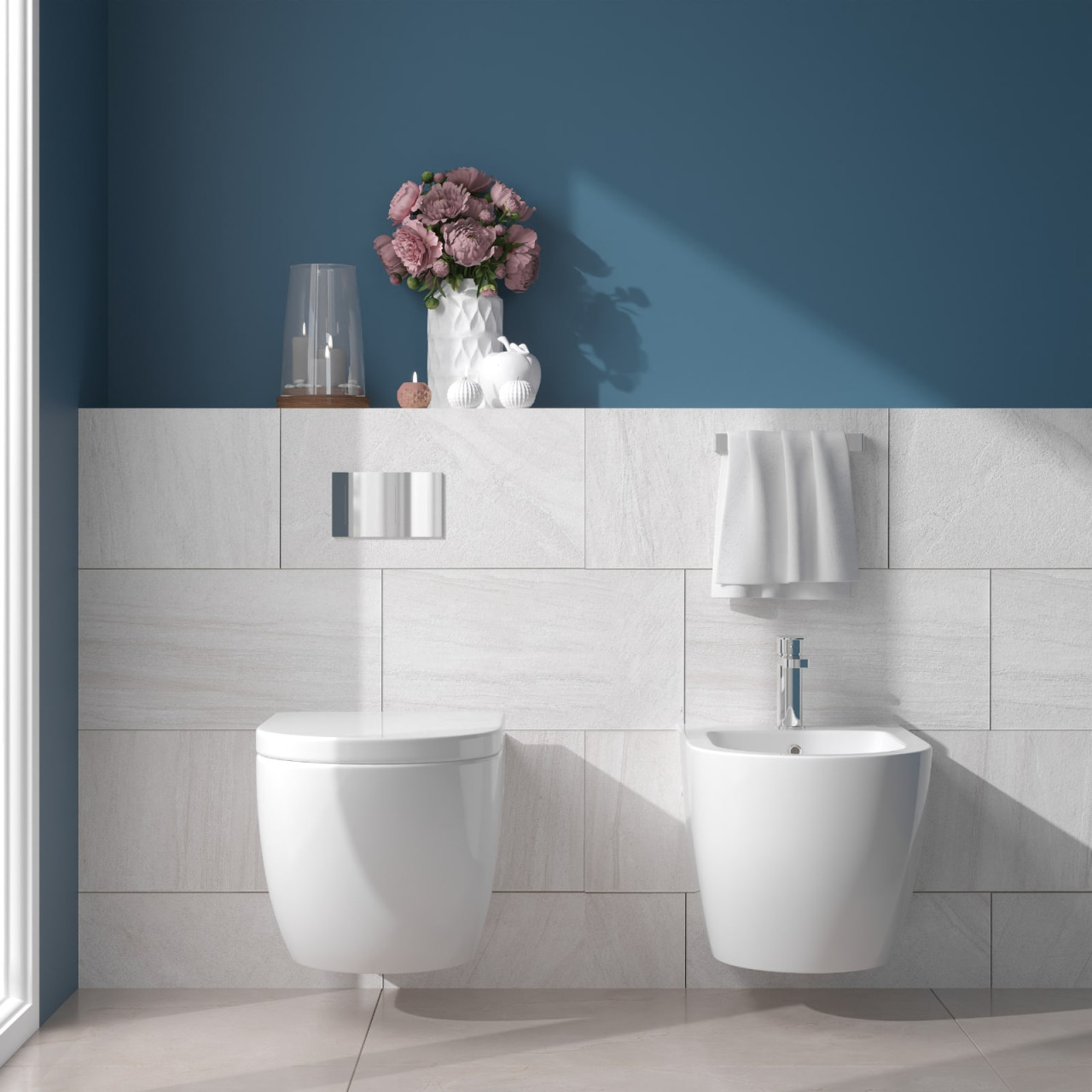 Coppia sanitari sospesi senza brida in ceramica bianca soft close