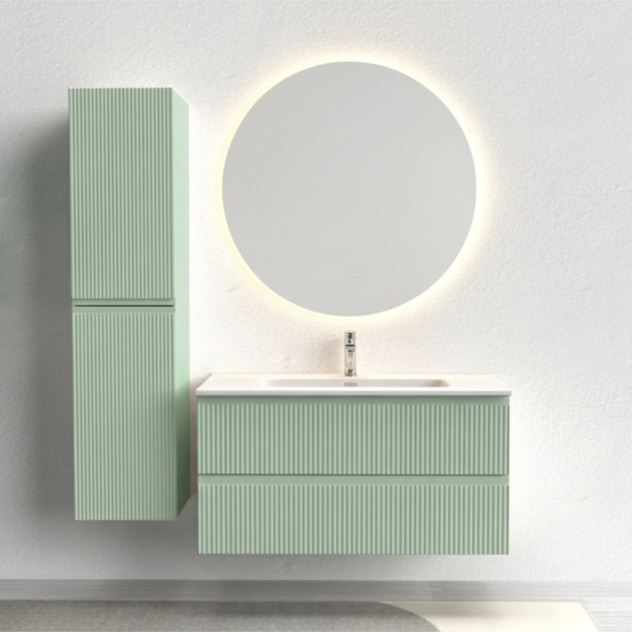 Mobile bagno sospeso cannettato 100 cm salvia opaco con specchio led | Line