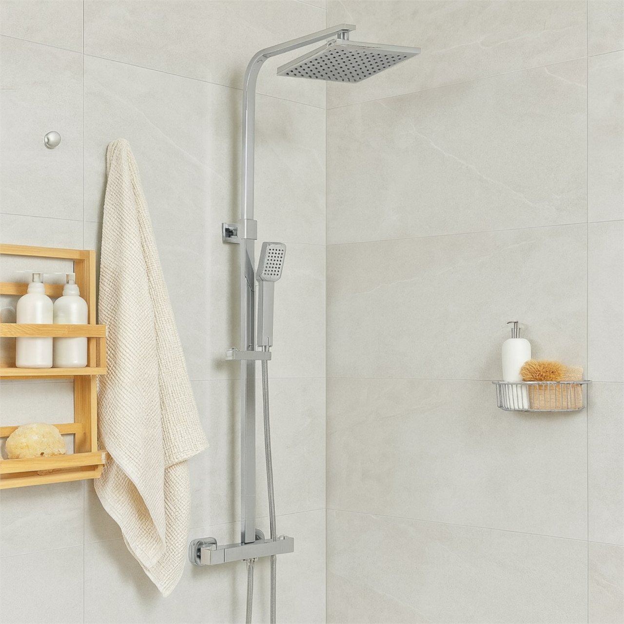 Euroceramica - Capri - Colonna doccia termostatica in acciaio inox con soffione quadrato 20x20 cm