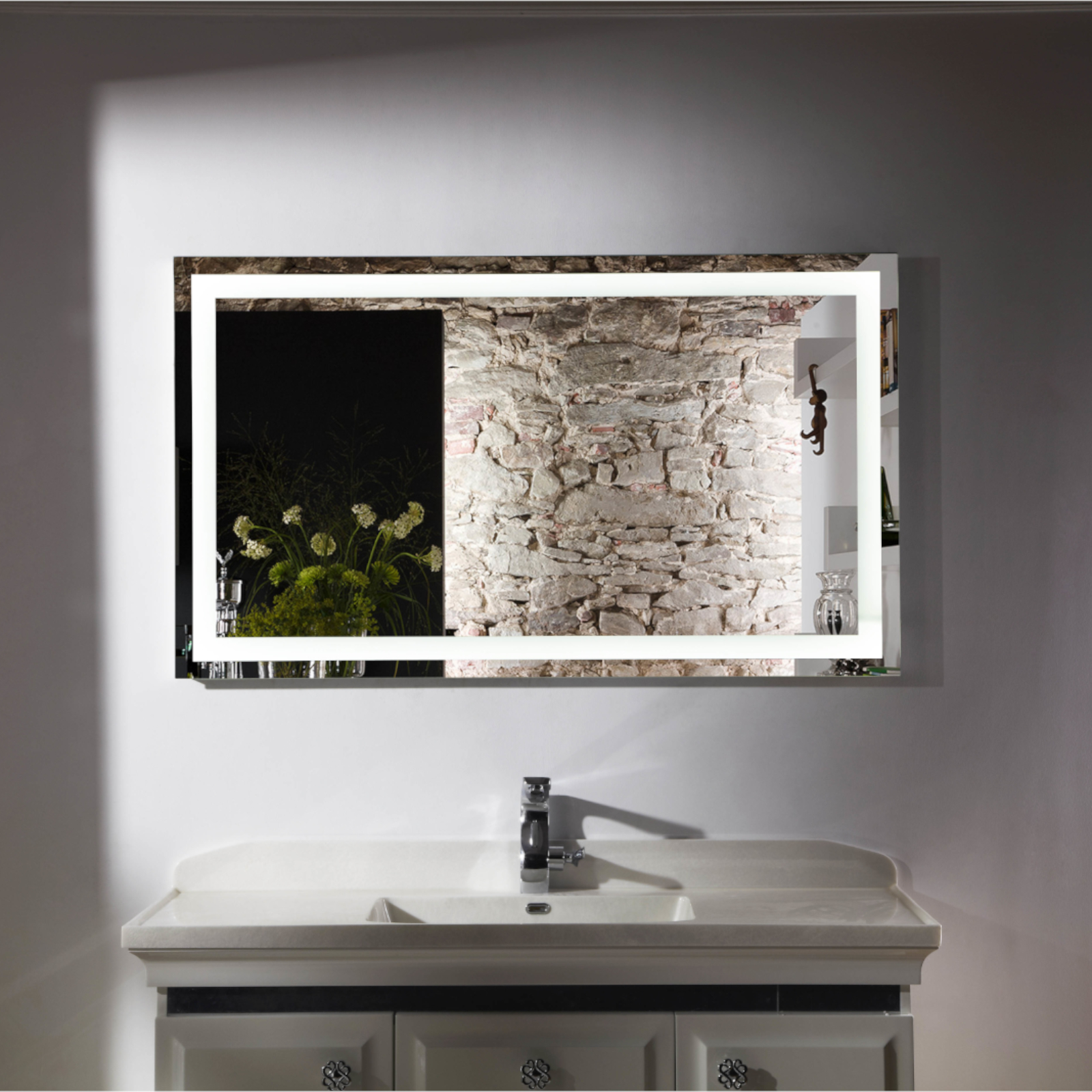 SPECCHIO BAGNO CONTENITORE CON DUE PENSILI ROVERE BIANCO E LUCE LED