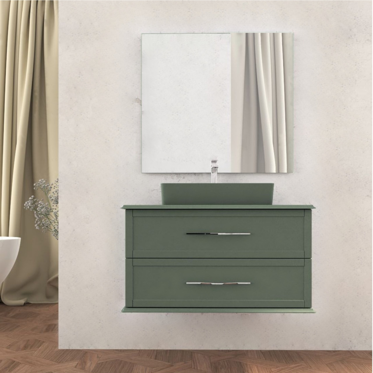 Mobile bagno sospeso cleo 100 cm verde opaco doppio cassetto con specchio