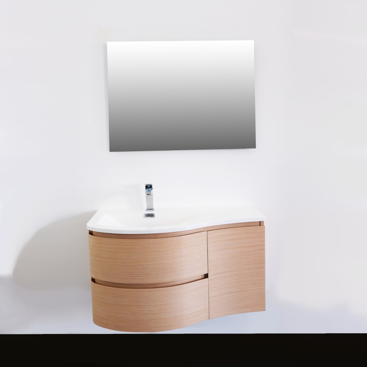 Mobile bagno sospeso 90 cm rovere chiaro doppio cassetto e anta con specchio filolucido