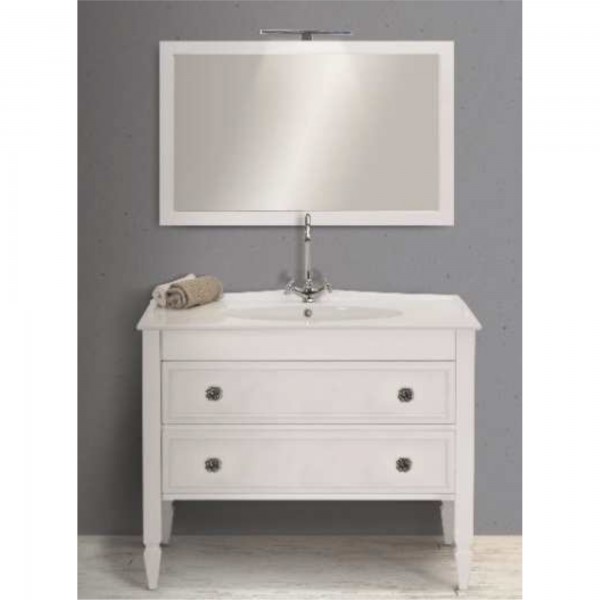 MOBILE SHABBY DA 105 CM LACCATO BIANCO OPACO DOPPIO CASSETTO CON SPECCHIO EAPPLIQUE LED CROMO