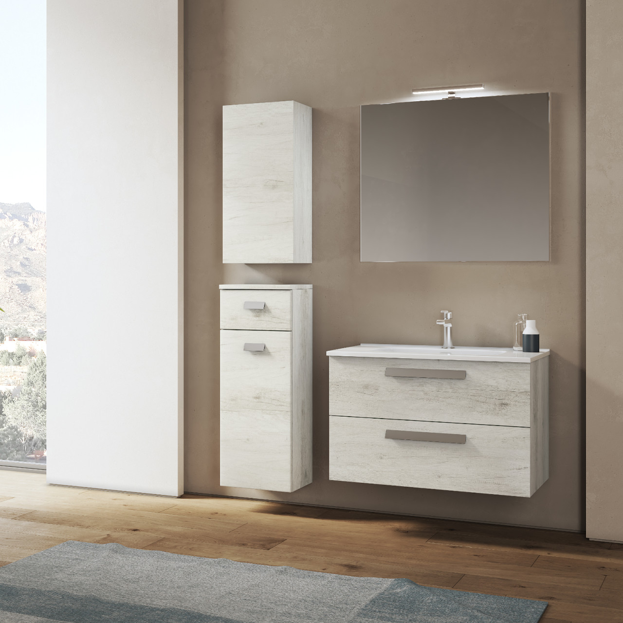 Mobile bagno sospeso effetto legno bianco 80 cm doppio cassetto e specchio