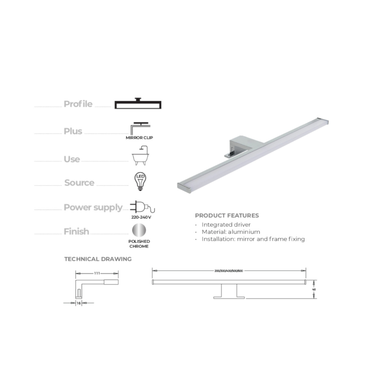 Specchio bagno filolucido 70x100 cm reversibile con lampada led da 30 cm luce naturale
