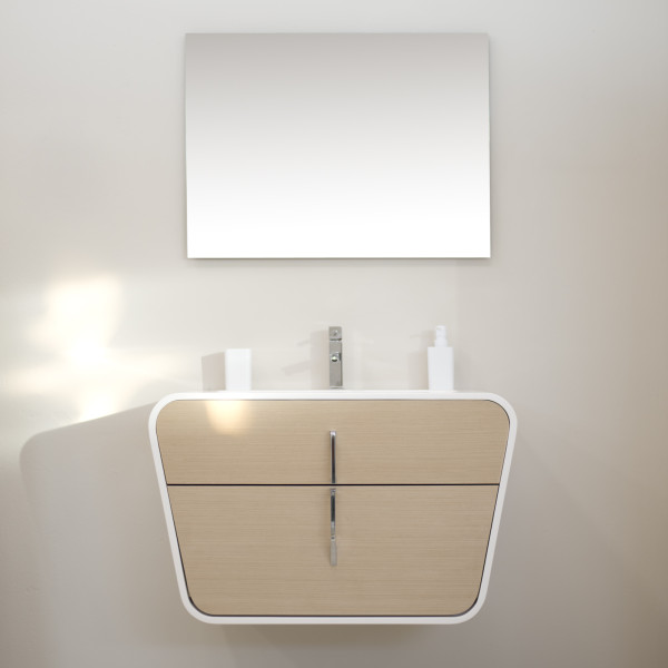 Mobile bagno sospeso 90 cm rovere chiaro con singolo cassetto e specchio filolucido