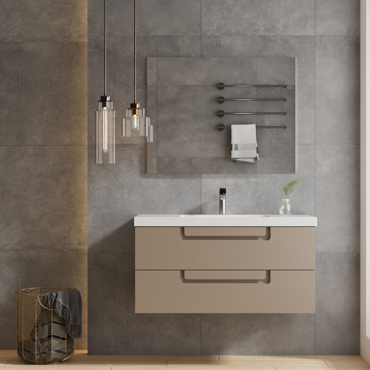 Mobile bagno sospeso 100 cm tortora opaco doppio cassetto con specchio