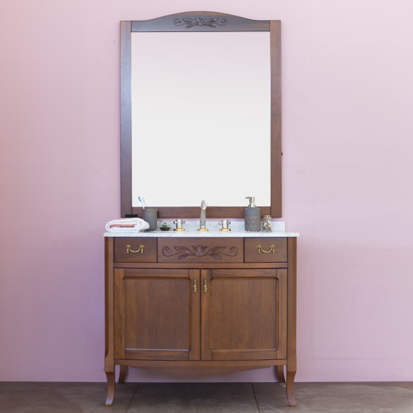 Mobile bagno classico in legno massello chiaro da 90 cm con lavabo e specchio
