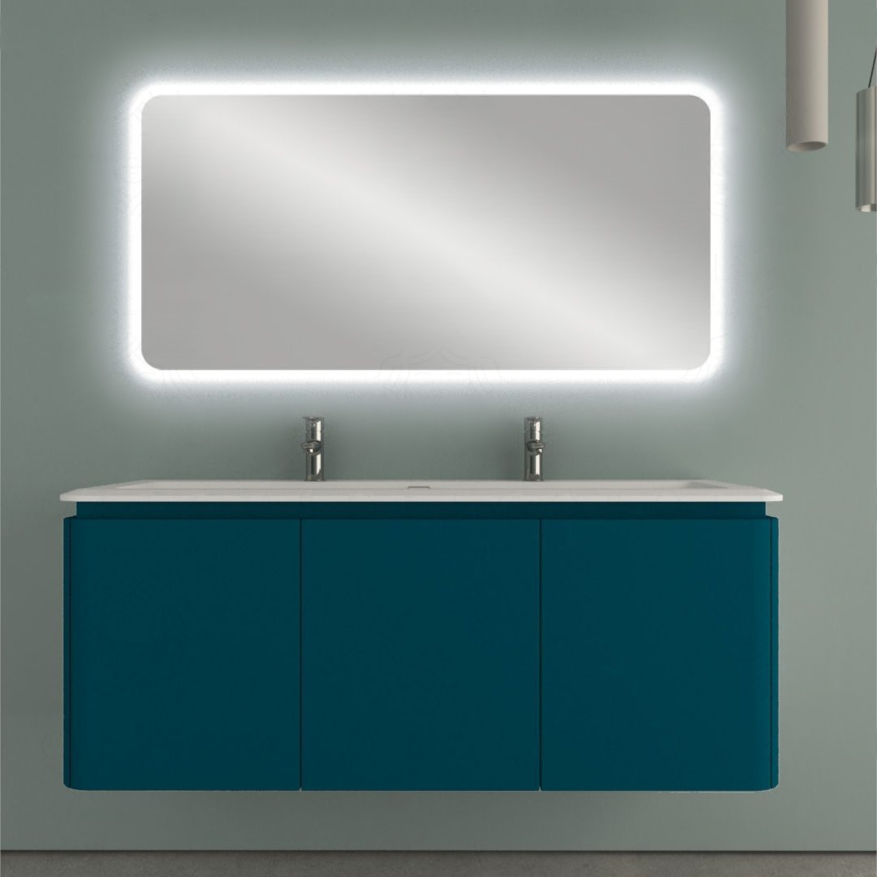 Mobile bagno sospeso cindy 140 cm blu petrolio con quattro cassetti e specchio led