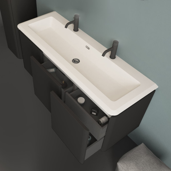 Anteprima: Mobile bagno sospeso cindy 140 cm nero grafite con quattro cassetti e specchio Anteprima: Mobile bagno sospeso cindy 140 cm nero grafite con quattro cassetti e specchio
