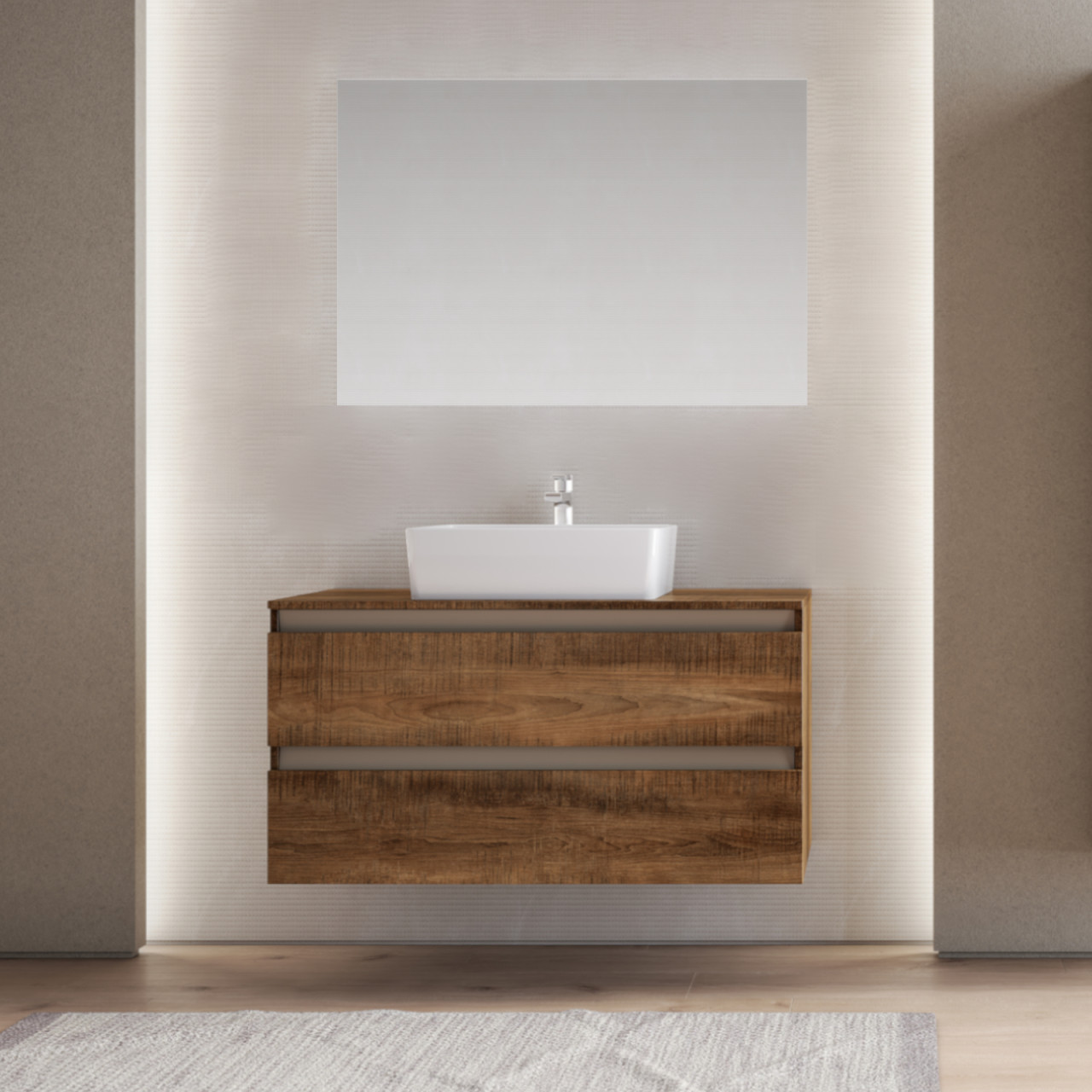 Mobile bagno sospeso 100 cm rovere tabacco doppio cassetto con specchio