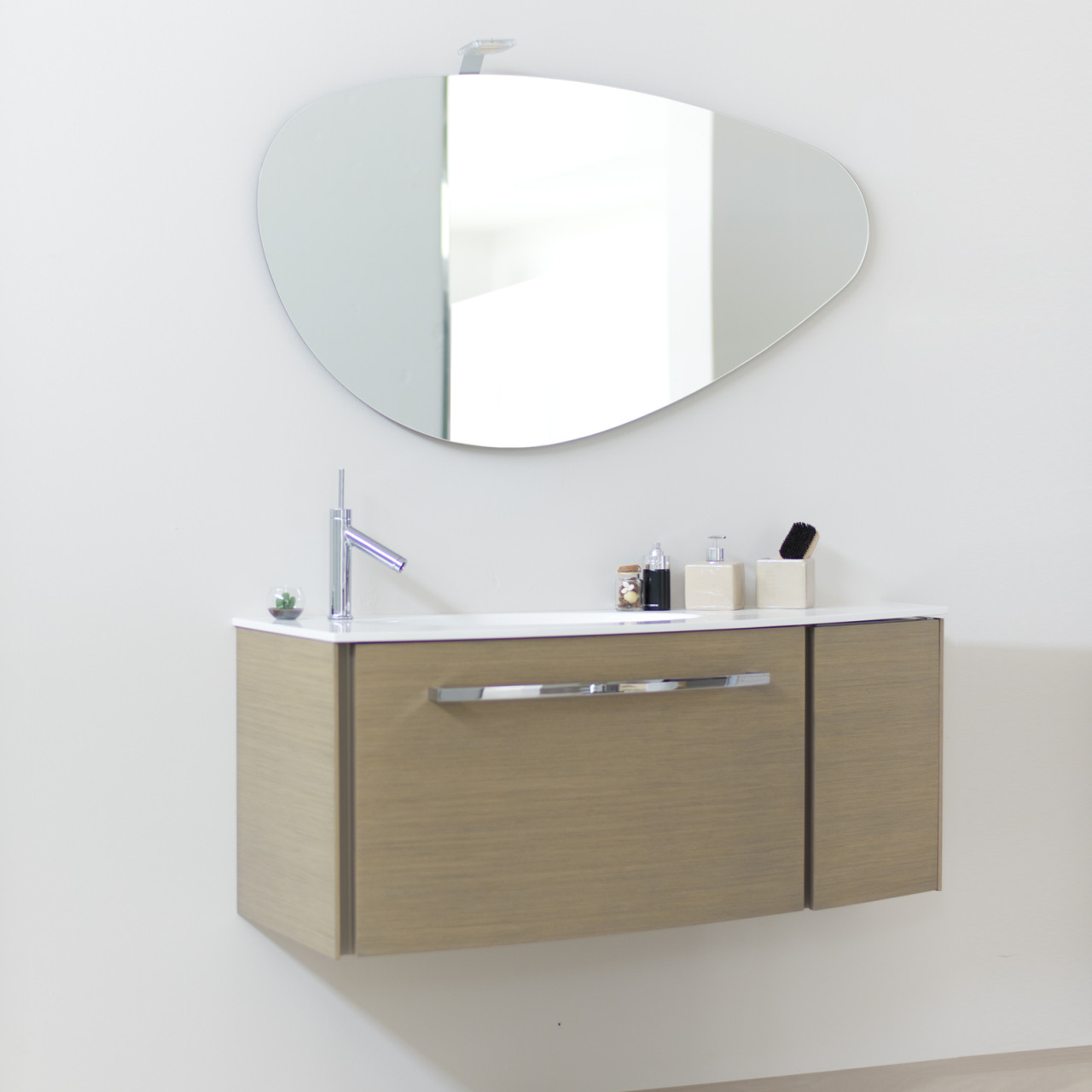 Mobile bagno sospeso 125 cm rovere tortora con specchio e lampada led