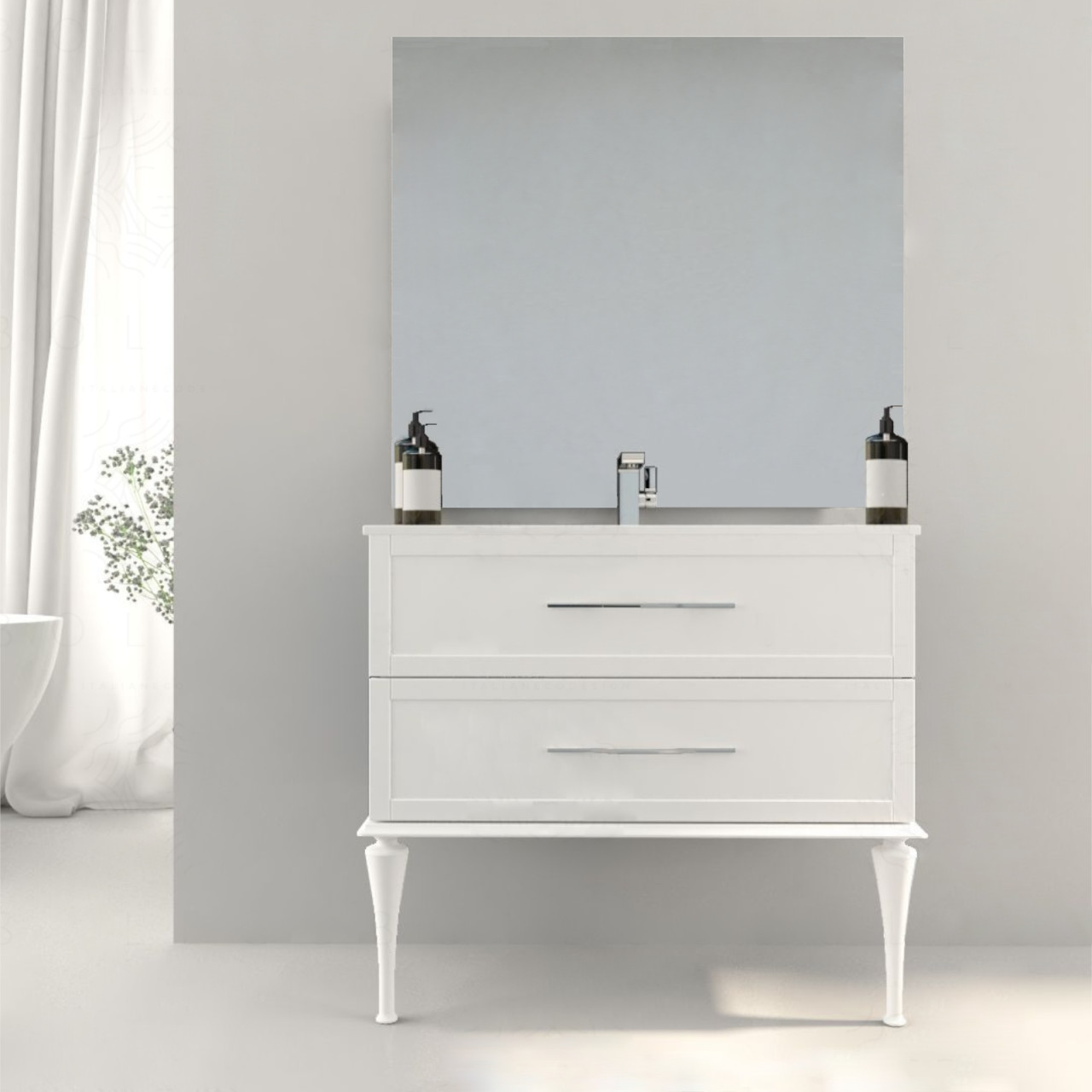 Mobile bagno classico cleo 100 cm doppio cassetto bianco opaco con specchio