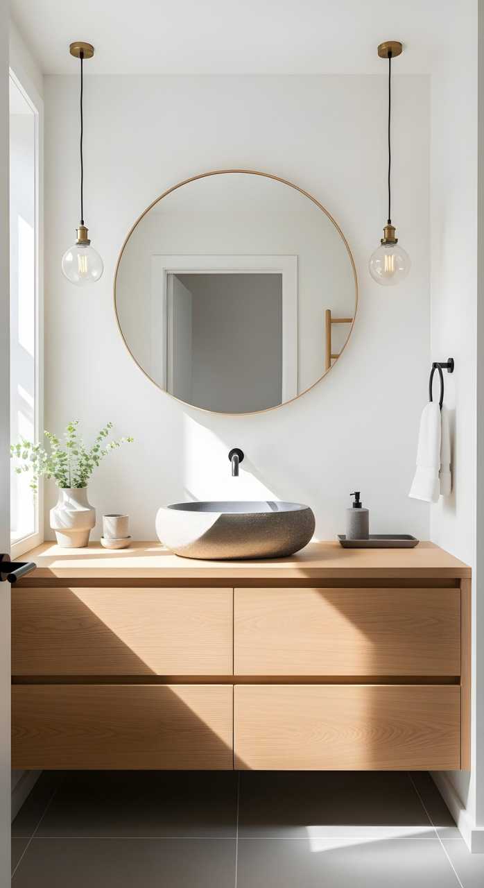 Bagno moderno con mobili sospesi e linee essenziali