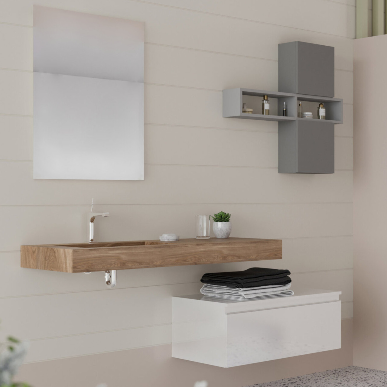 Lavabo in hpl da 120 cm con cassettone bianco opaco 80 cm e specchio filo lucido