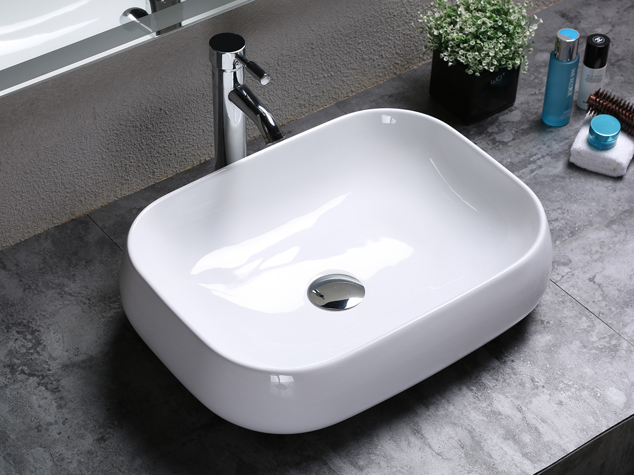 Euroceramica - Lavabo da appoggio rettangolare 56x42 cm - Ceramica bianco lucido