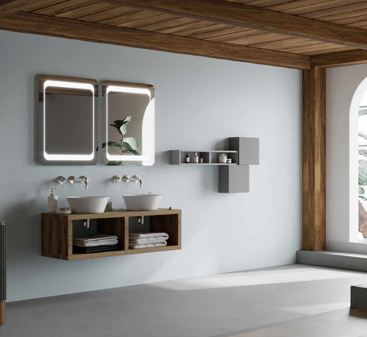 COMPOSIZIONE SOSPESA DA 120 CM CON SPECCHIO E LAMPADA LED