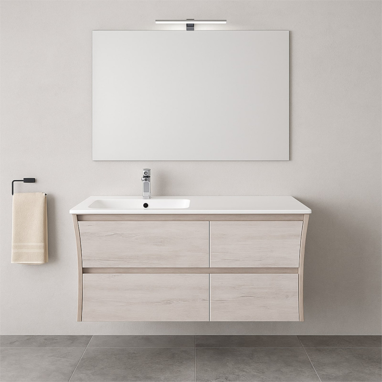 Mobile sospeso da 105 cm rovere sbiancato con specchio e lampada led | Twist