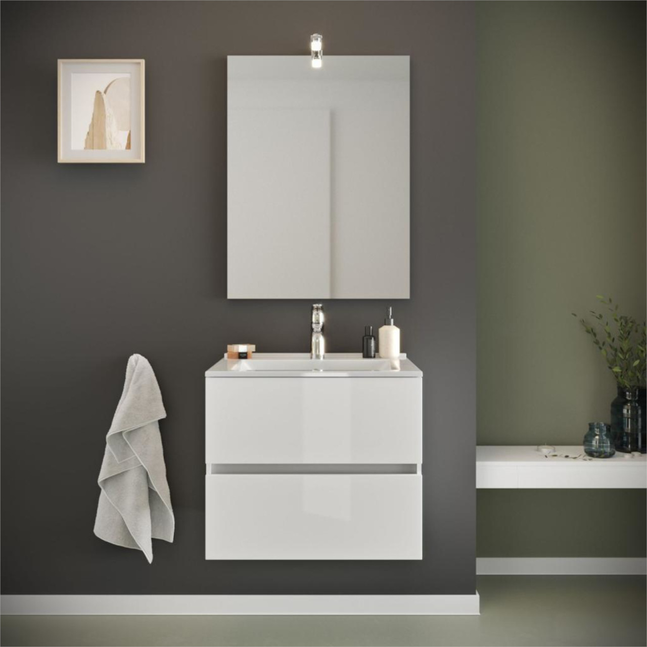 Mobile bagno sospeso da 60 cm bianco lucido con specchio e lampada led
