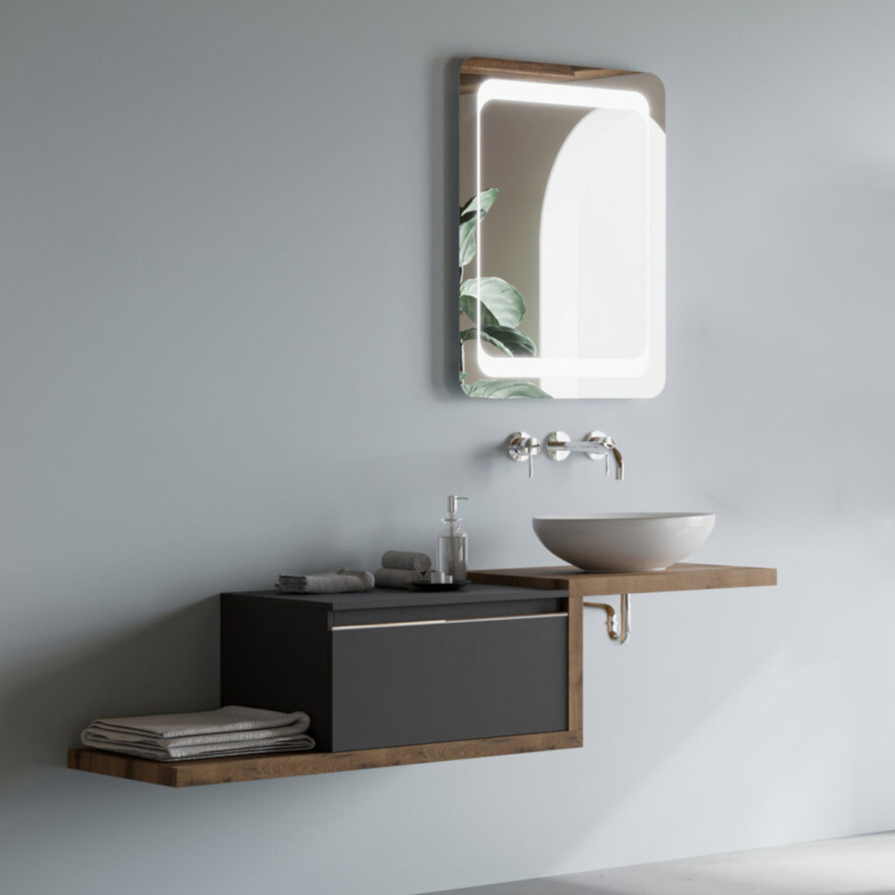 Composizione bagno sospesa da 180 cm rovere naturale con cassettone e specchio filo lucido