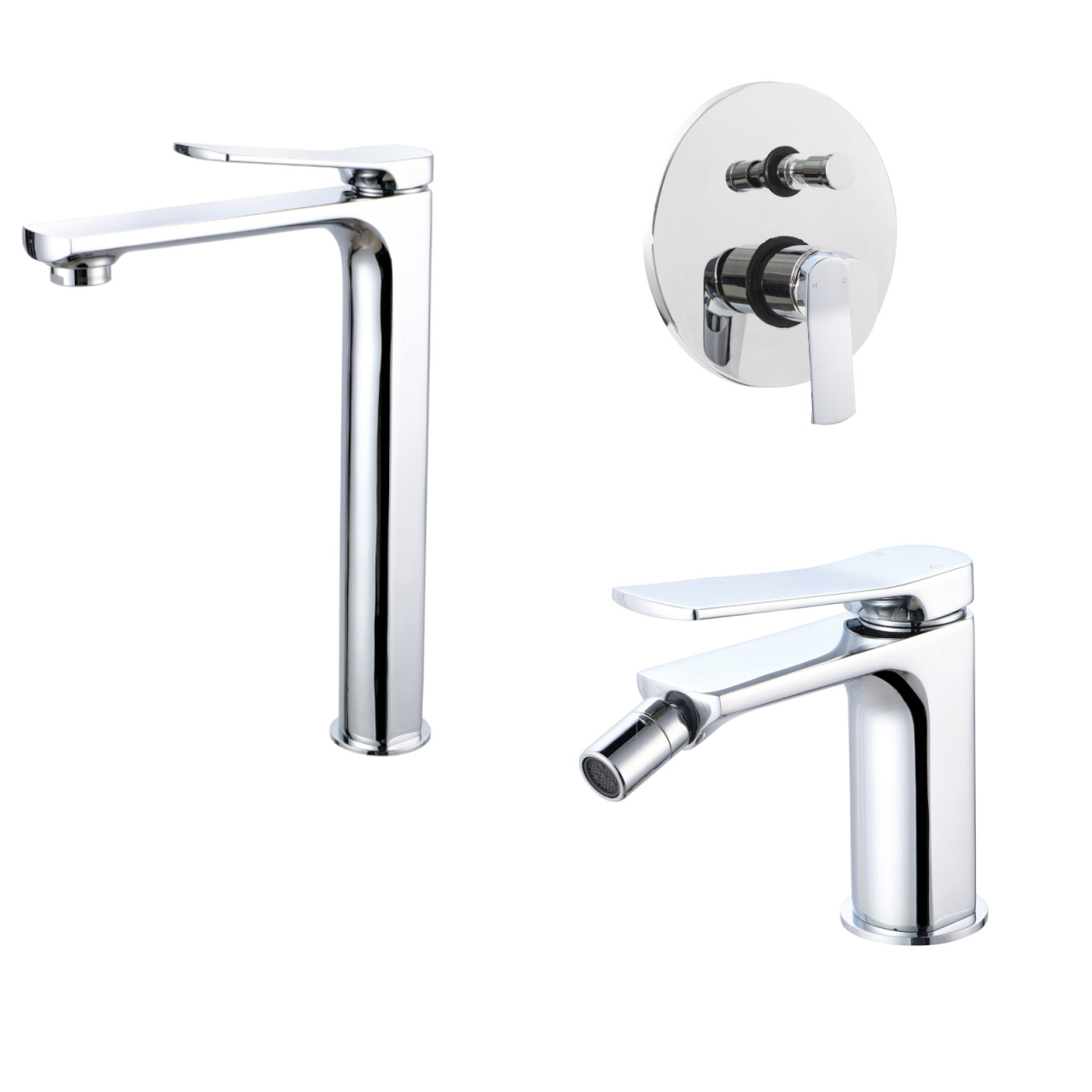 Miscelatore lavabo alto bidet e incasso doccia con deviatore cromo scarico click clack