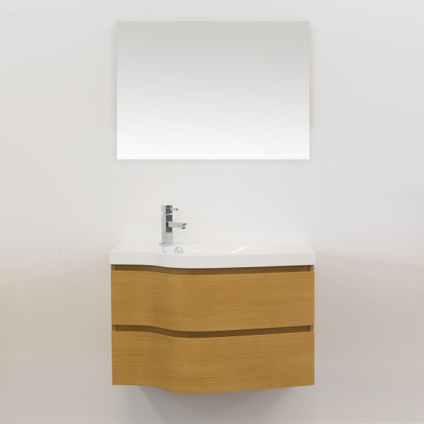 Mobile bagno sospeso 80 cm doppio cassetto rovere chiaro con lavabo in mineral marmo e specchio