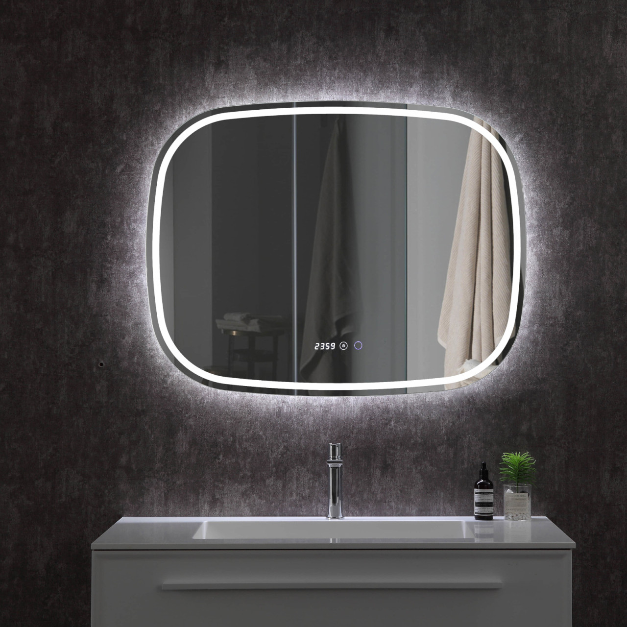 Euroceramica - Specchio Ovale LED 80x60 cm con Orologio Digitale