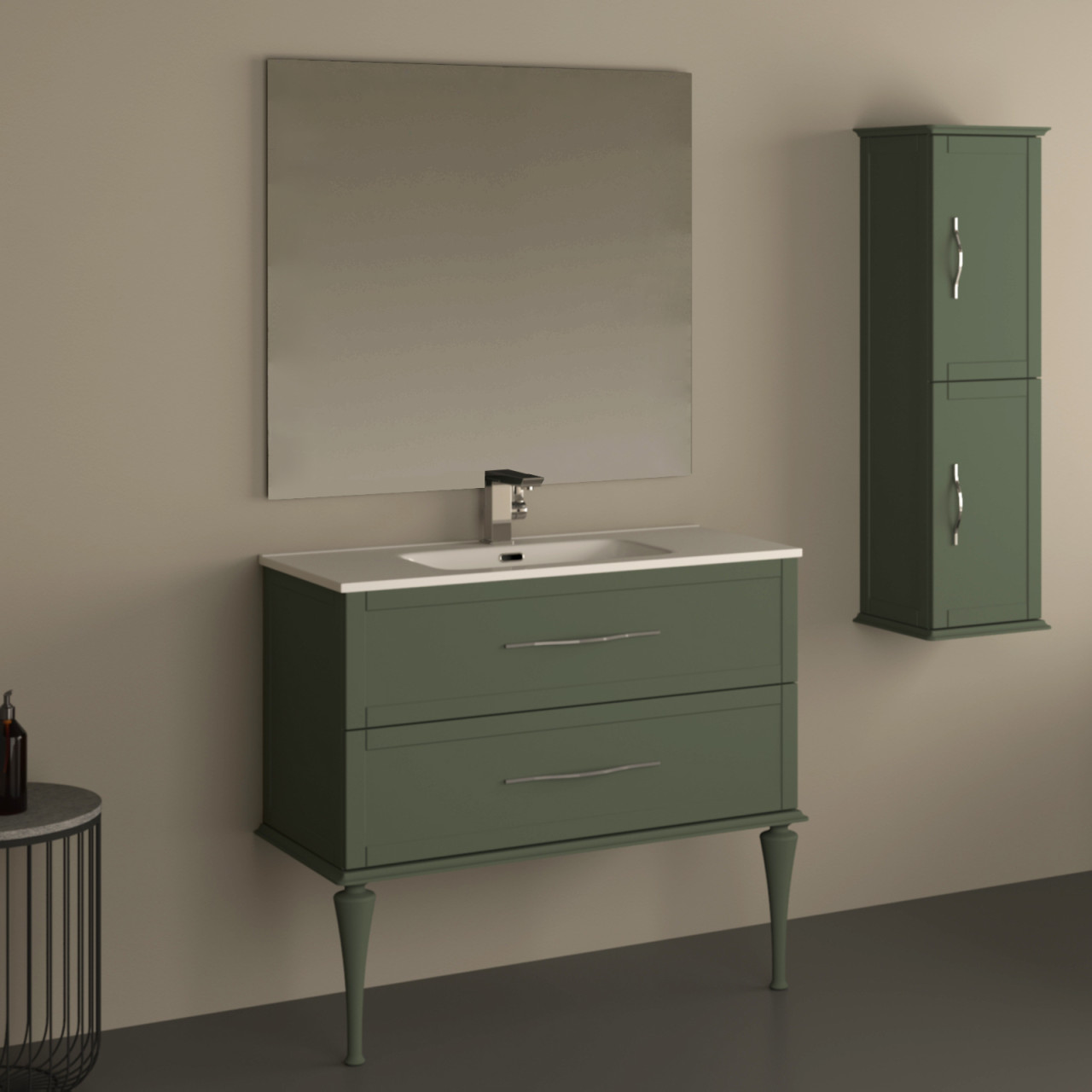 Mobile bagno classico cleo 100 cm verde opaco doppio cassetto con specchio