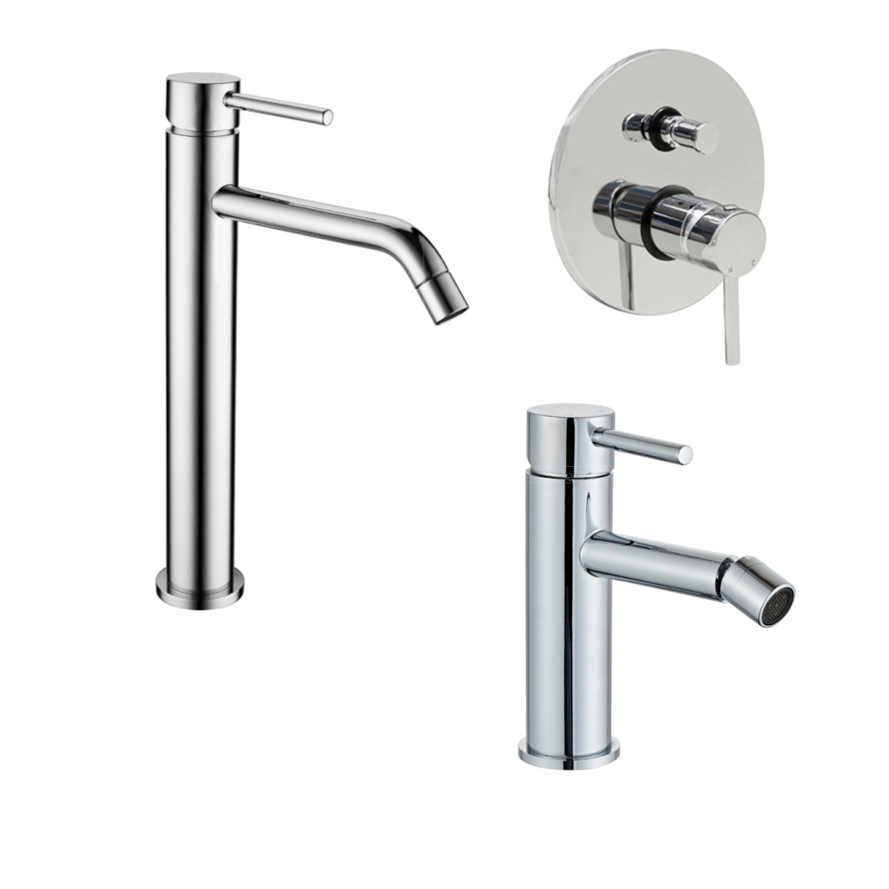 Miscelatore lavabo alto bidet e incasso doccia con deviatore cromo scarico click clack