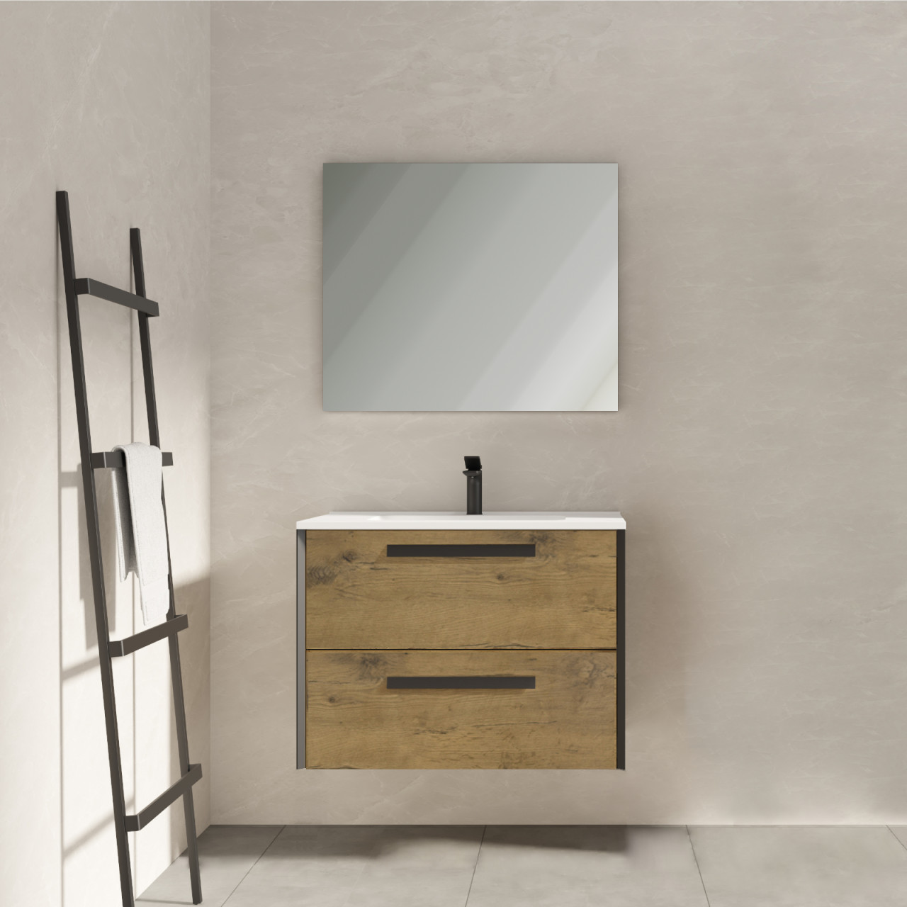 Mobile bagno sospeso 80 cm doppio cassetto rovere naturale con specchio filolucido