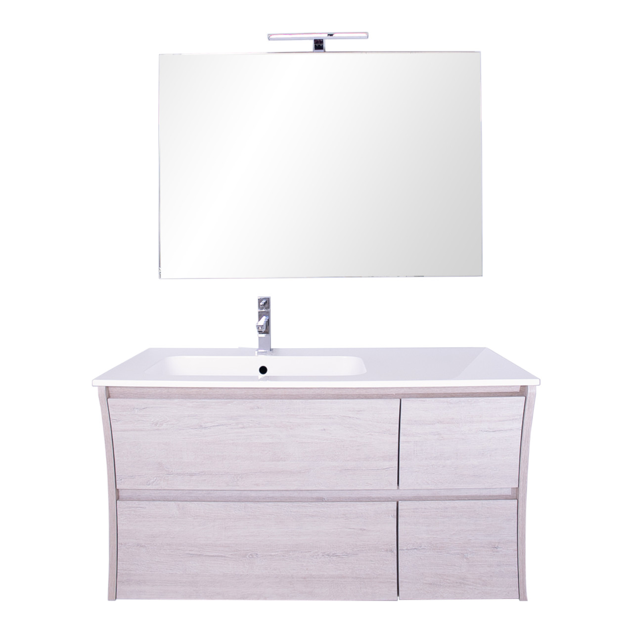 Mobile sospeso convesso da 105 cm rovere sbiancato con doppio cassetto con specchio led