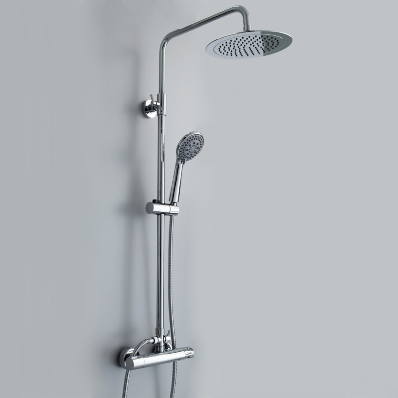 Colonna doccia termostatica in acciaio inox con soffione tondo da 25 cm e doccetta