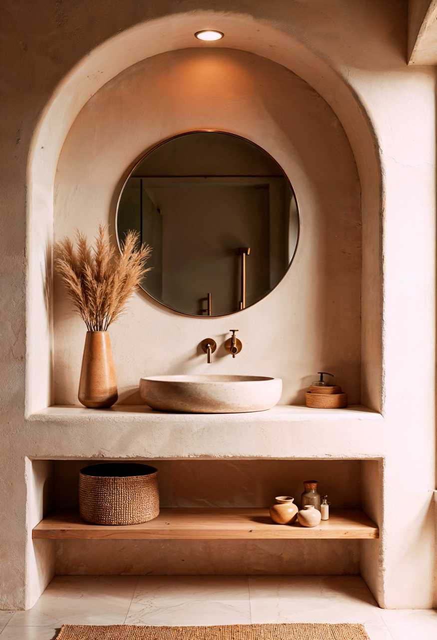 Lavabo in pietra naturale con specchio LED – design bagno 2025