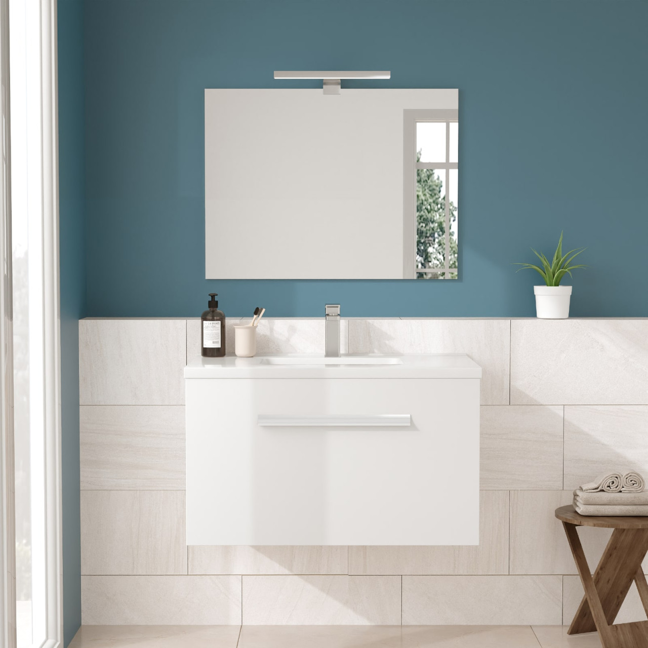 Mobile bagno sospeso 80 cm bianco lucido cassetto singolo con specchio e lampada | aura