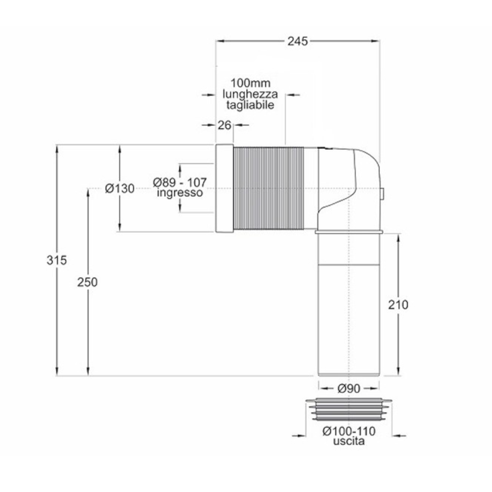 Curva tecnica per wc traslato con scarico a terra da 6 a 15 cm